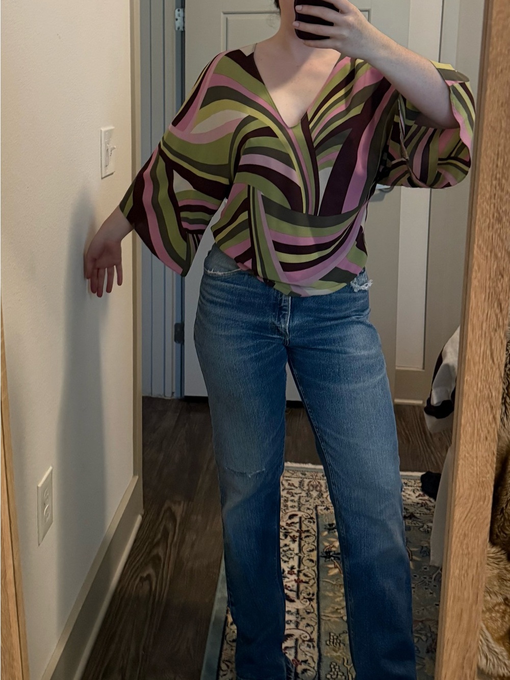 Theory V-Neck silk Long Sleeve Swirl Print Blouse - Pink & Green